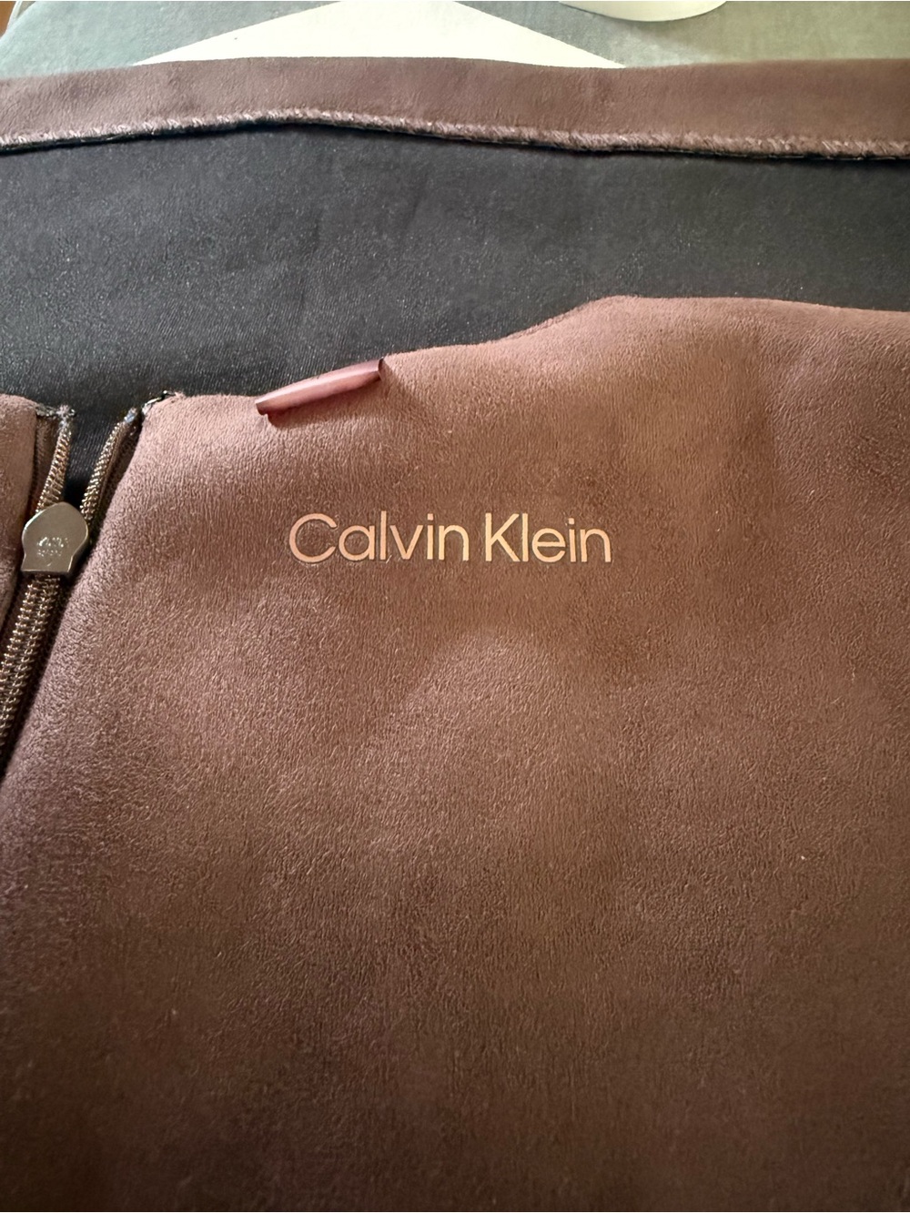 Calvin Klein Brown Faux-Suede Mini Dress with Gold Zip - Picture 3 of 4